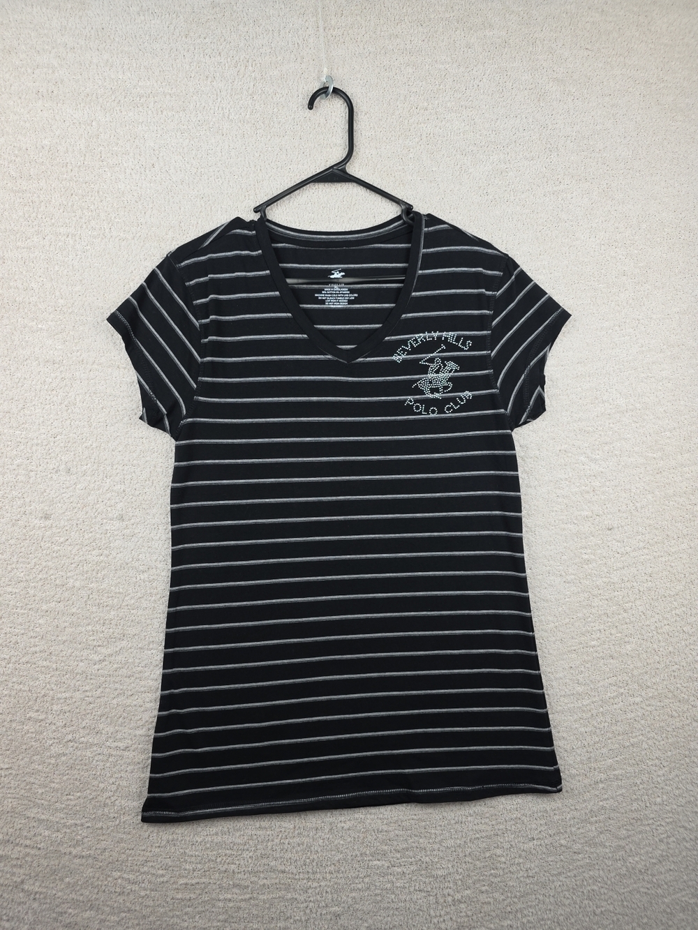 Beverly Hills Polo Club Black with Gray Stripes V-Neck Tee